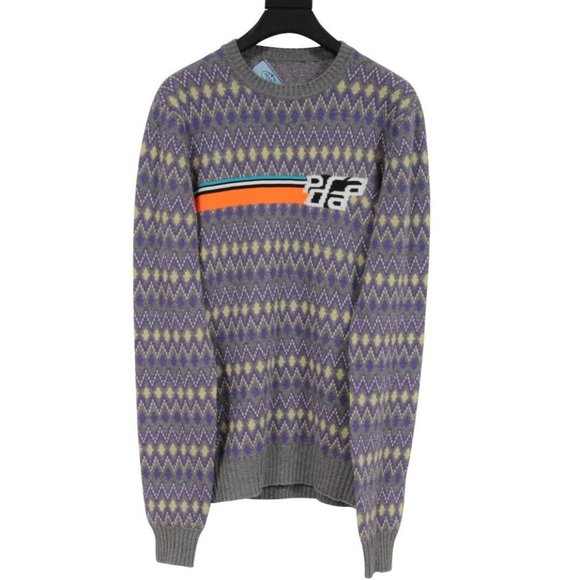 Prada Womens Sports Logo Sweater Size 44 Grey Argyle Wool Knitted Cashmere Blend - Picture 1 of 10